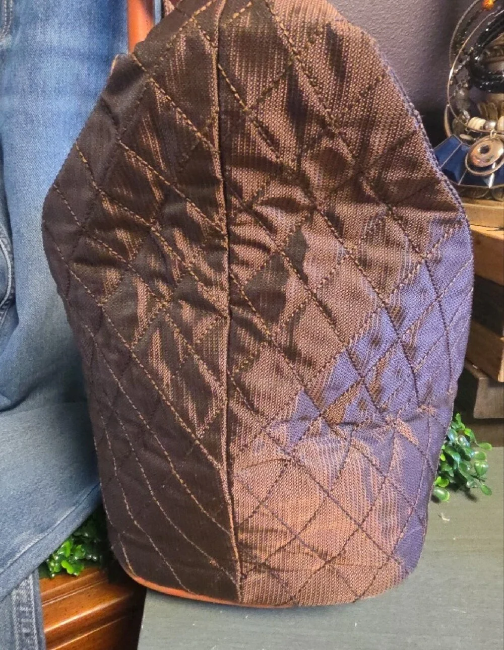 Quilted Shimmery Brown Tote with Tan Trim & Striped Interior